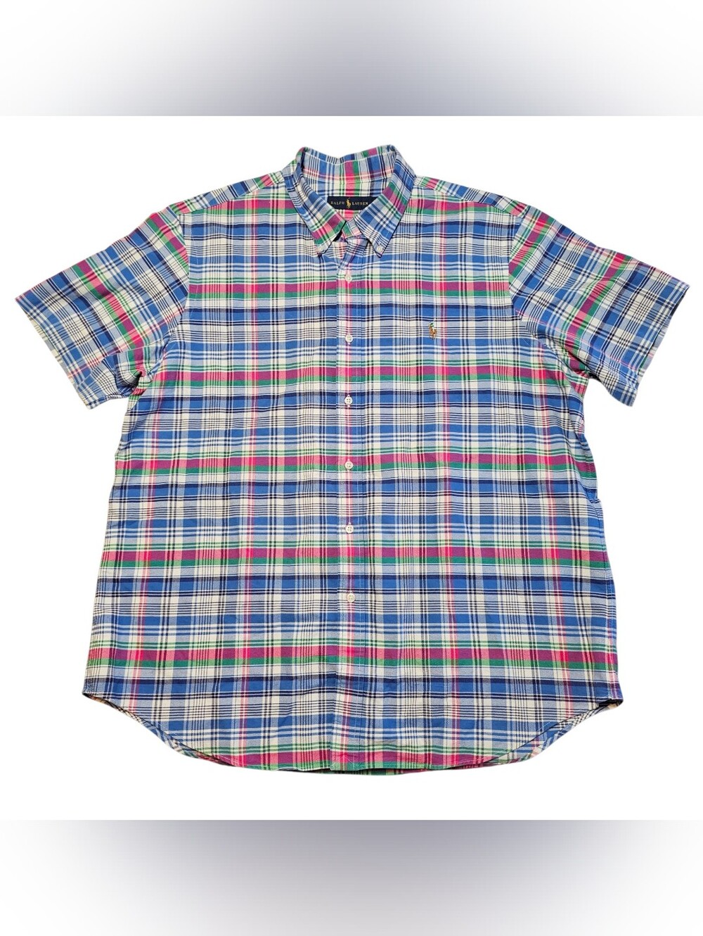 Ralph Lauren Short Sleeve Button Down Shirt Mens XL Plaid Flesh Pony Blue Green